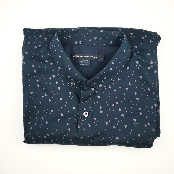 French Connection Collar Shirt Blue Triangle Print Men Size Large NEW Slim fit - Picture 3 of 10